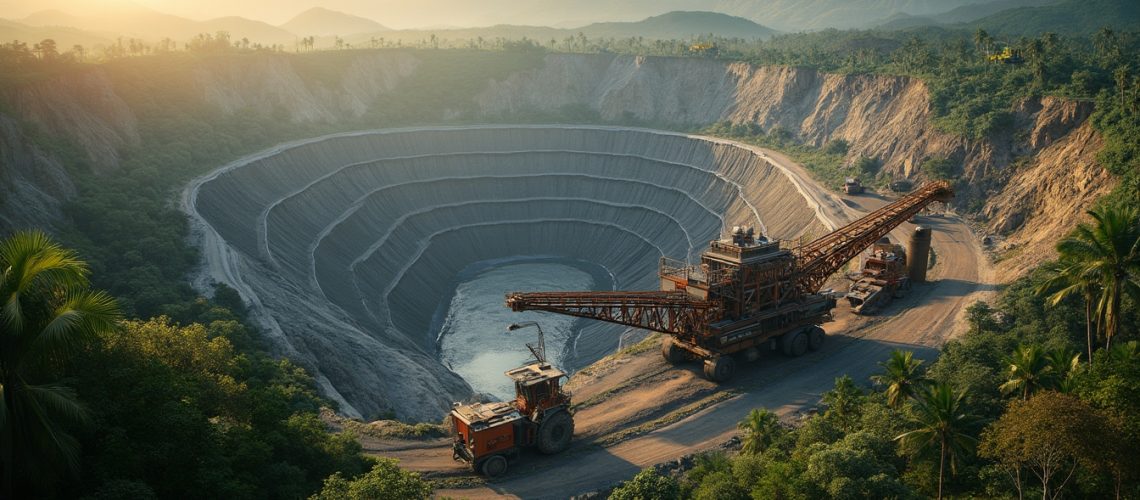 Open-pit mine with large machinery surrounded by lush greenery and mountains at sunrise.