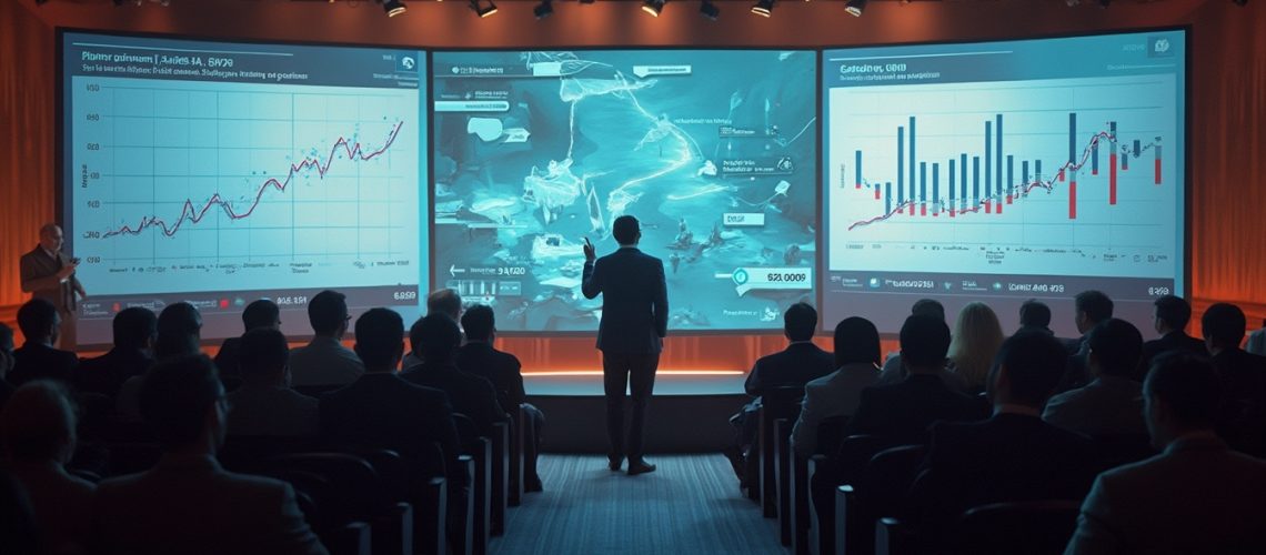 Man presents data on multiple screens to an audience in a conference room.