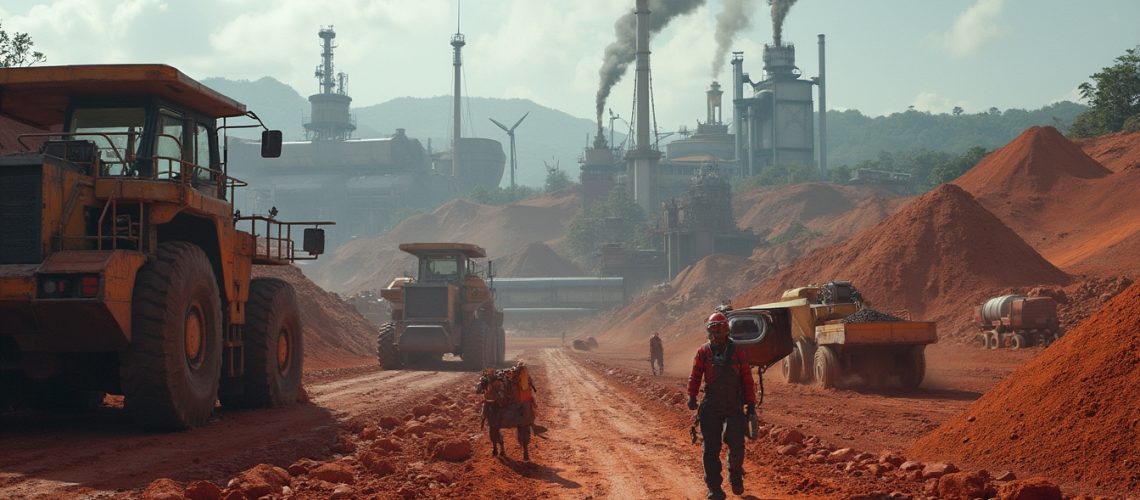 Mining site with heavy machinery, red earth, workers, and industrial buildings emitting smoke.