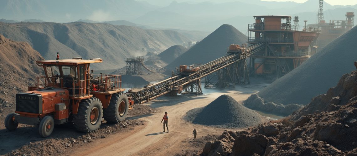 Industrial mining site with machinery, conveyor belt, and large gravel piles under a hazy sky.