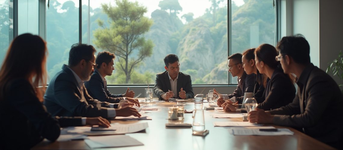 Business meeting with eight people around a conference table, a scenic view outside the window.