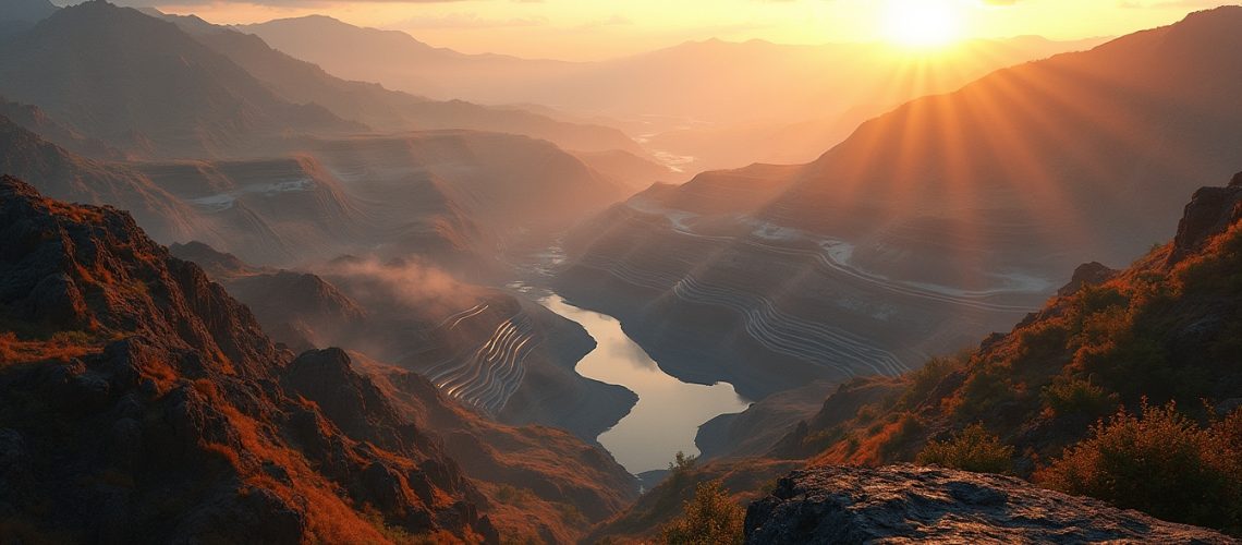 Sunrise over Indonesian nickel mining region.