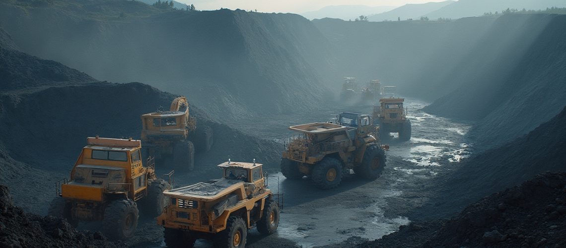 Heavy machinery operates in a dusty quarry under dramatic sunlight.