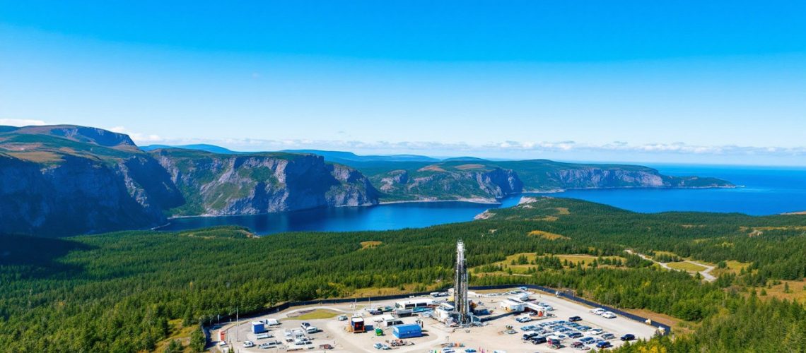 Infini Resources Ltd-I88-Aerial view of a drilling site surrounded by forest, with cliffs and a blue sea in the background.