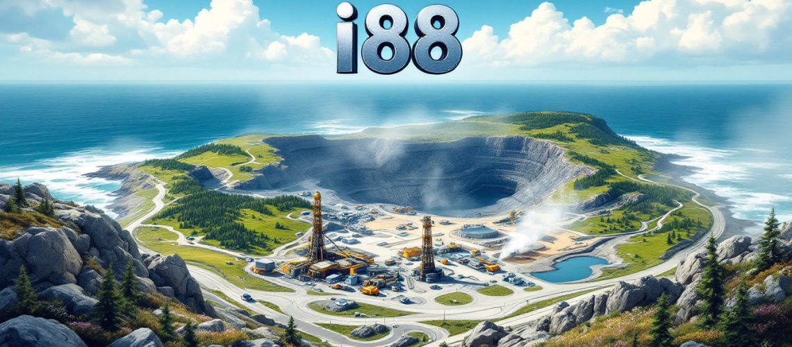 Infini Resources Ltd-I88-A coastal mining facility with "188" floating above, surrounded by greenery and ocean.