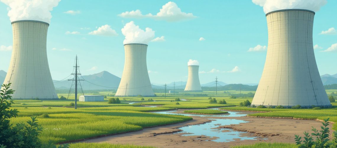 Infini Resources Ltd-I88-Cooling towers with steam, surrounded by lush green fields under a clear blue sky.