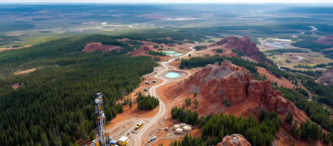 Infini company limited-i88-Aerial view of red rock formations, forests, and a drilling site with equipment in the foreground.