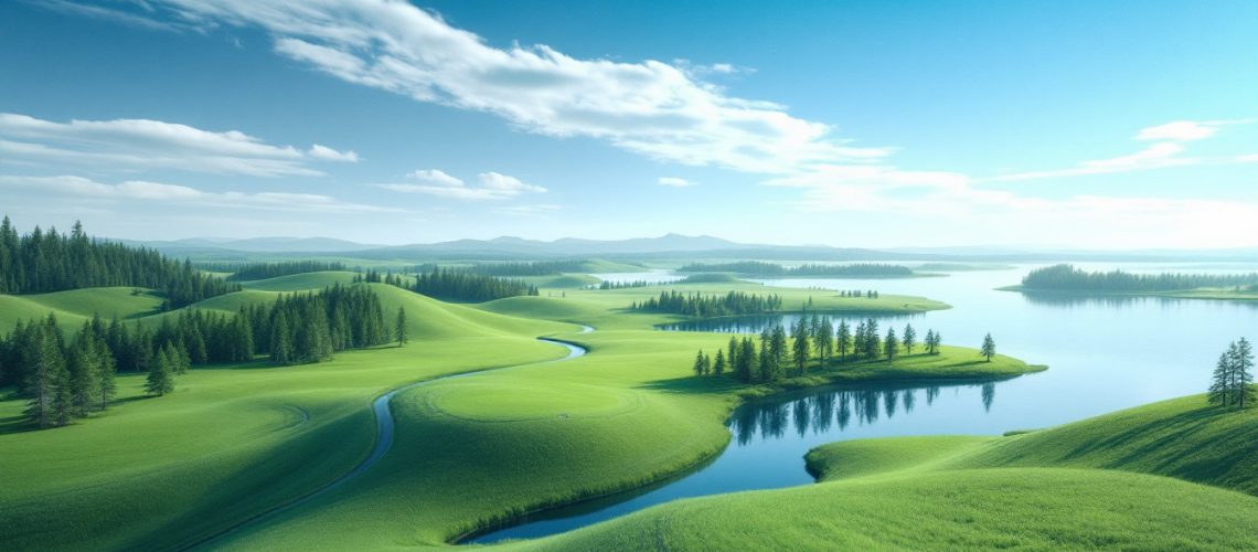 Infini company limited-i88-Lush green hills and a winding river under a bright blue sky with scattered clouds.