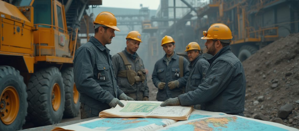 Workers in helmets examine maps at a construction site with heavy equipment in the background.