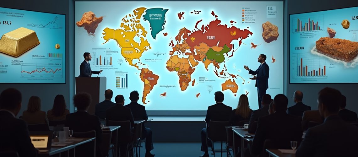 Two presenters discuss a colorful world map in front of an audience, with graphs and charts displayed.