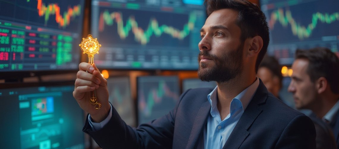 Man in suit holds a glowing key in front of stock market monitors.