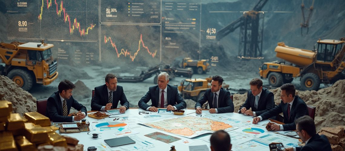 Businessmen in suits discuss mining plans at a table with charts, surrounded by construction equipment.