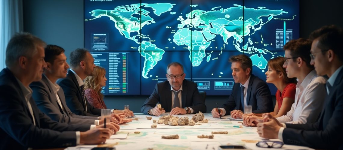 Business team in meeting room with world map screens and natural samples on table.