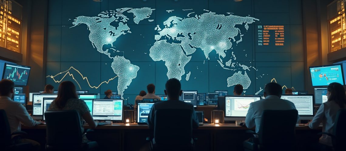 People working at desks with screens, facing a world map display in an office or control room.