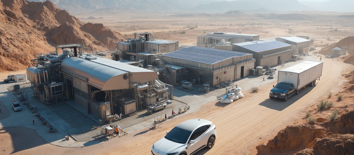 Desert factory with solar panels, large trucks, and a white car on a sandy road, mountains in background.