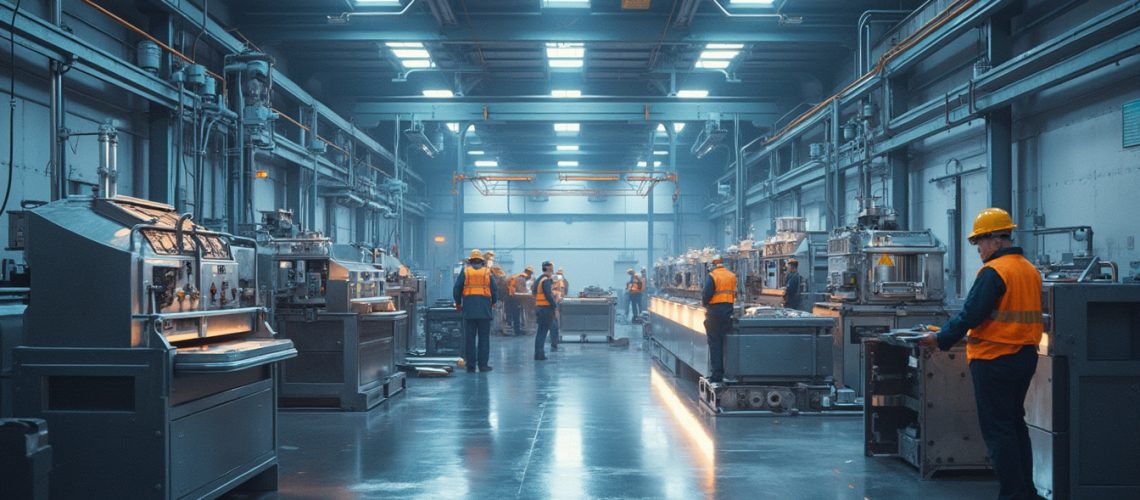 Factory workers in safety gear operate machinery in a well-lit industrial setting.