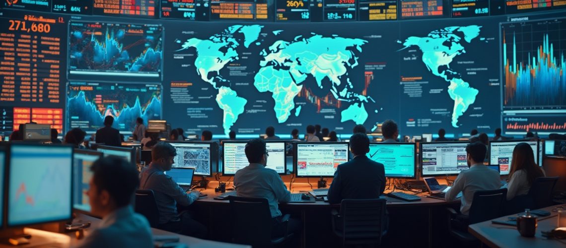 People at workstations monitor data on large screens in a control room.