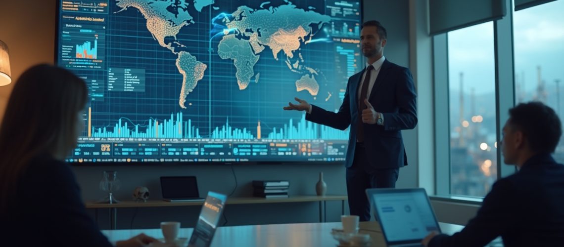 Business presentation with a man speaking and a digital world map on screen.