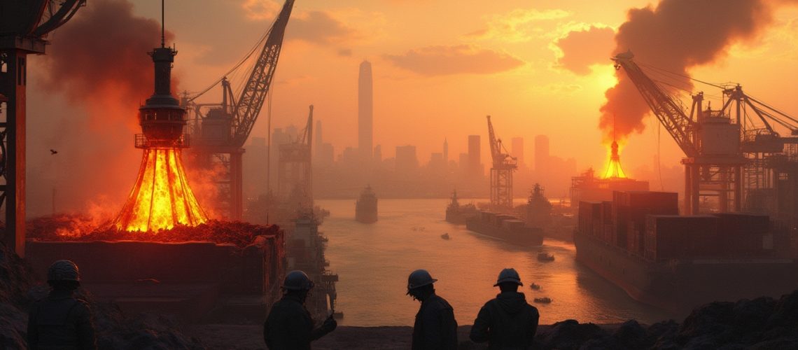 Silhouetted workers at a fiery industrial port during sunset, with city skyline in the background.