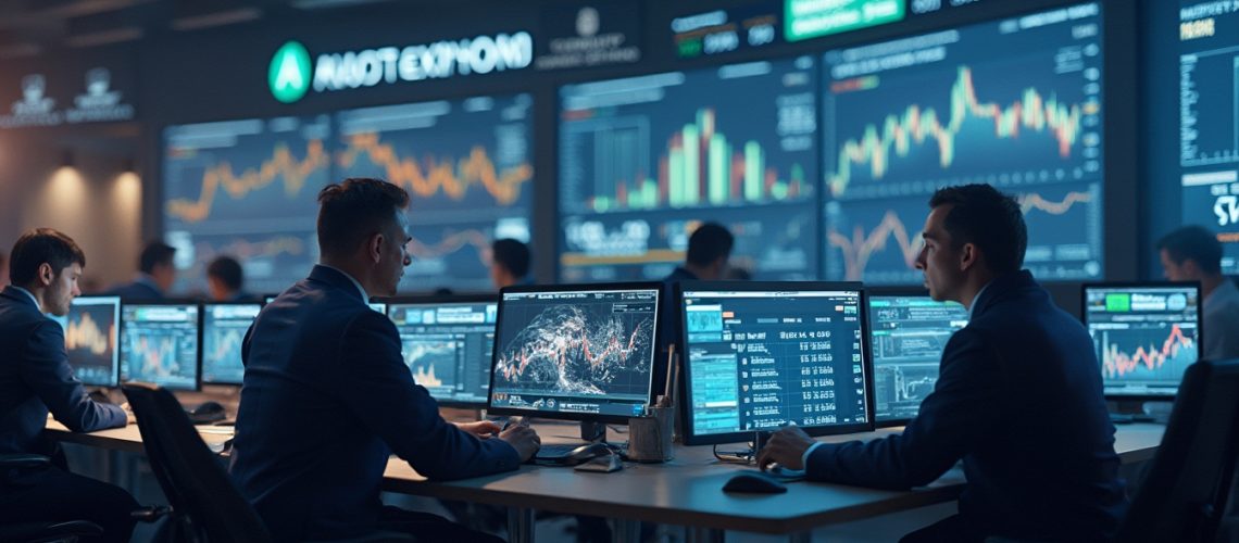 Traders analyze financial data on multiple monitors in a modern stock exchange office.