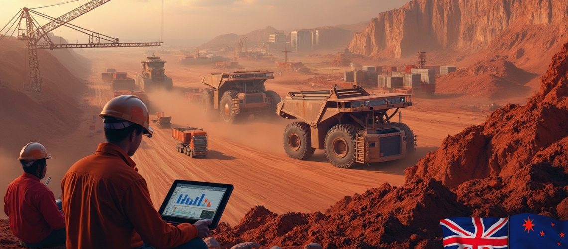 Mining operation with trucks and workers, one viewing data on a tablet, flags in foreground.