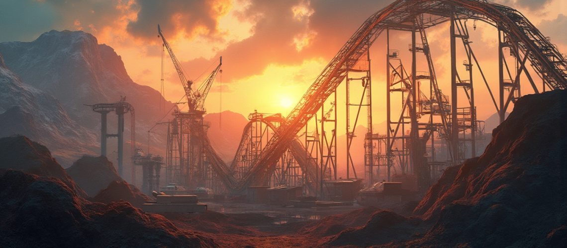 Sunset over a large, under-construction roller coaster in a mountainous landscape.