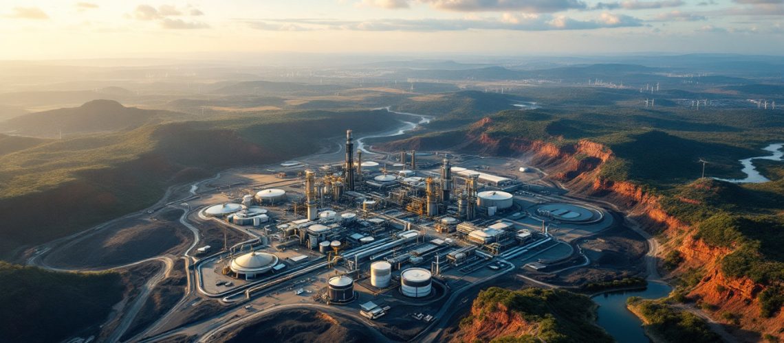 John's Group Limited-JHN-Aerial view of an industrial complex surrounded by mountains and a river at sunset.