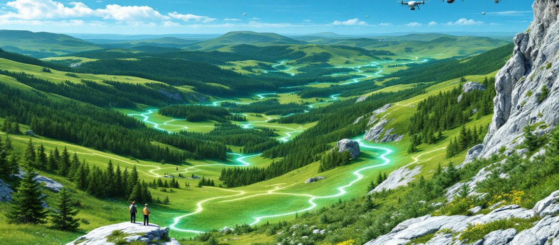 John's Company LTD-JHN-Lush green valley with glowing streams, people on a rock, and drones flying in the sky.