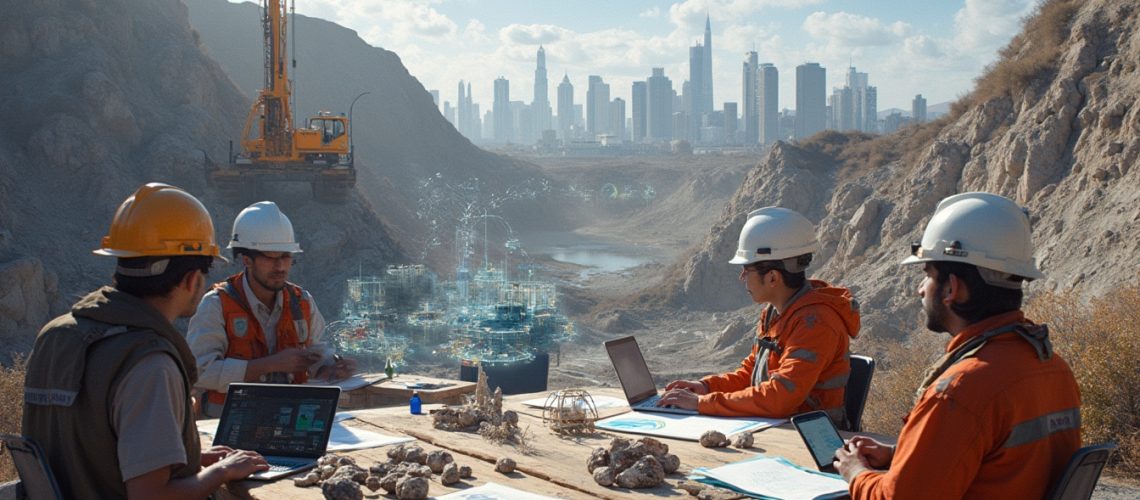 Engineers at a construction site using laptops, with a city skyline in the background.