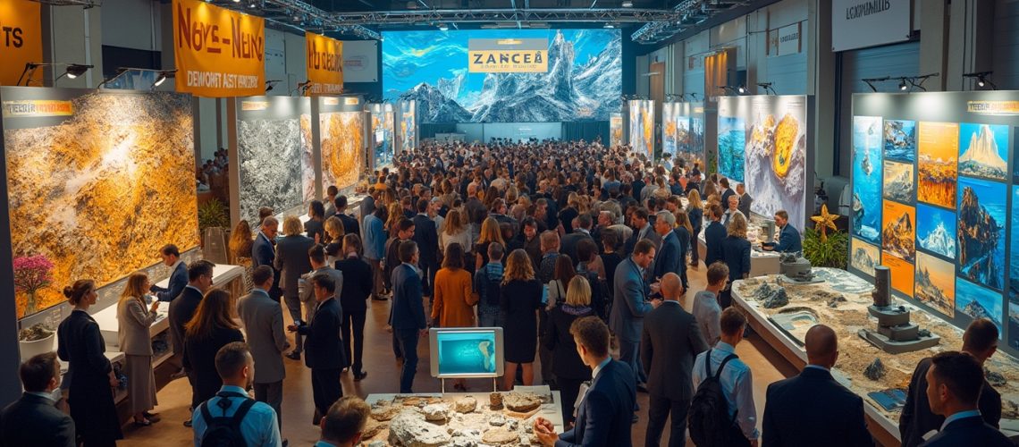 Crowded exhibition hall with people viewing geological displays and large landscape posters.