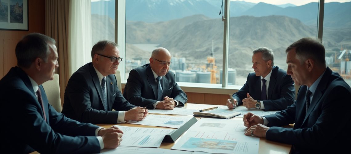 Five men in a meeting room with large windows showing a mountainous landscape in the background.