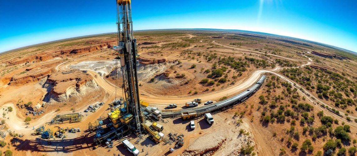 Kalgoorlie Gold Mining Ltd-KAL-Aerial view of a large drilling rig in a desert landscape under a clear blue sky and bright sun.