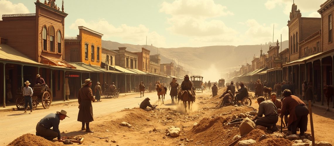 Old Western street with horses, wagons, and people working on a dusty road surrounded by buildings.