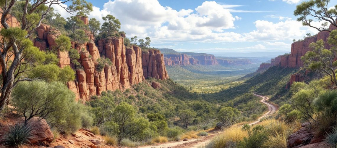 Kali Metals Ltd-KM1-Desert landscape with red cliffs, winding dirt path, green shrubs, and a blue sky with fluffy clouds.