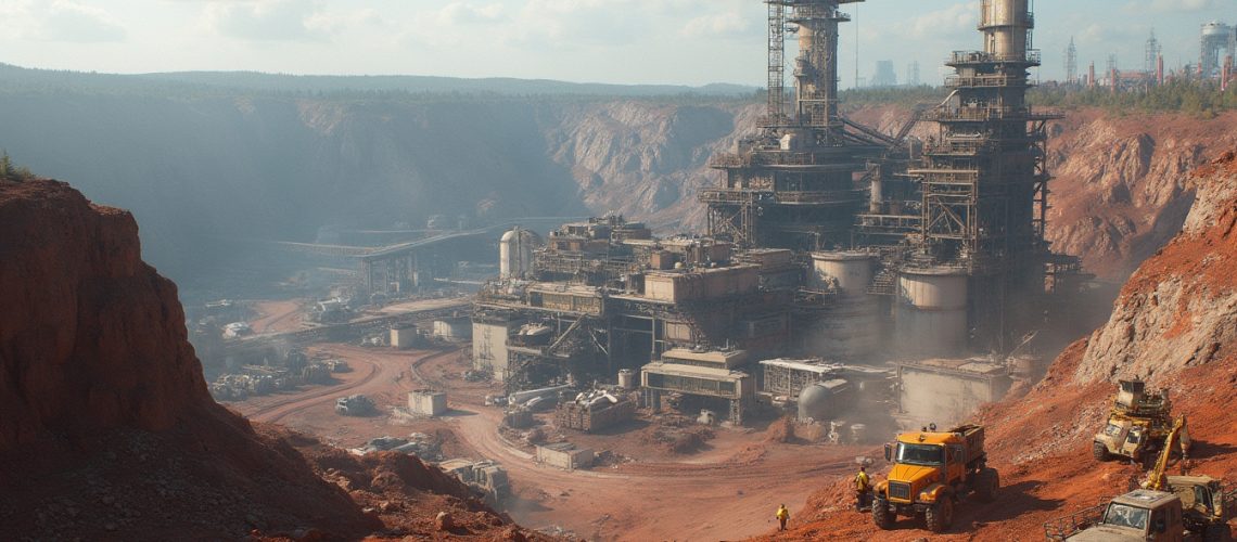 Industrial facility in a red rocky landscape with trucks and machinery in the foreground.