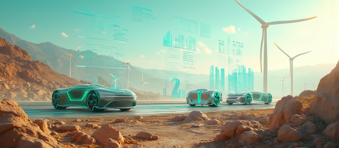 Futuristic EVs in desert with windmills.