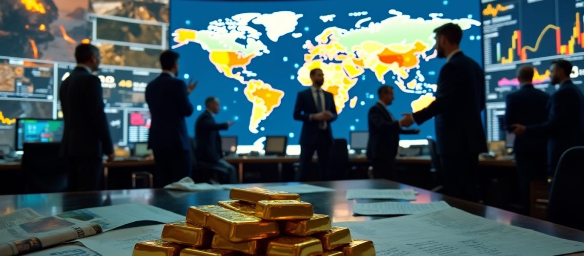 Gold bars on documents, men discussing in front of world data screens.