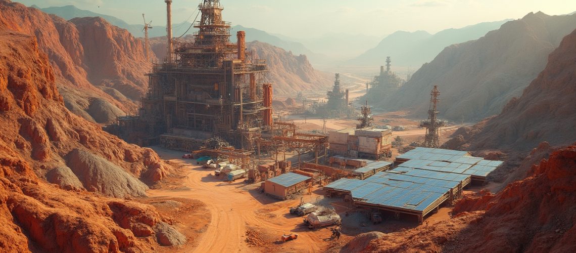 Industrial complex in a rocky desert landscape with solar panels and rugged terrain.