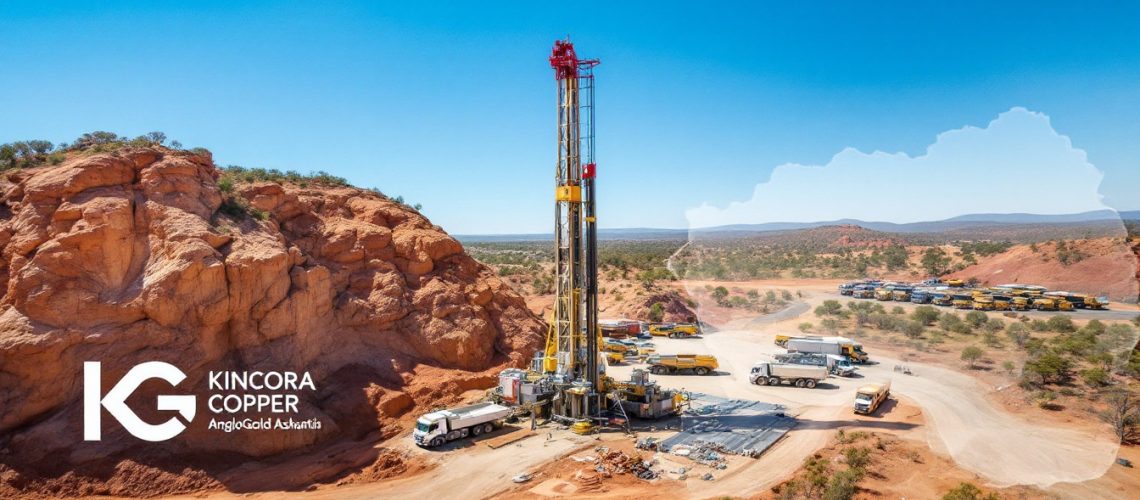 Kincora Copper Chess Depositary Interests 1:1-KCC-Mining site with drilling rig and trucks in a desert landscape, Kincora Copper logo visible.