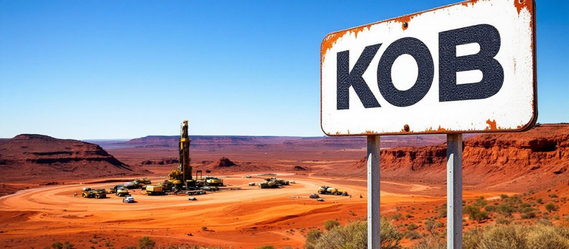 Koba Resources Ltd-KOB-Desert landscape with a sign reading "KOB" and an oil drilling rig in the background.