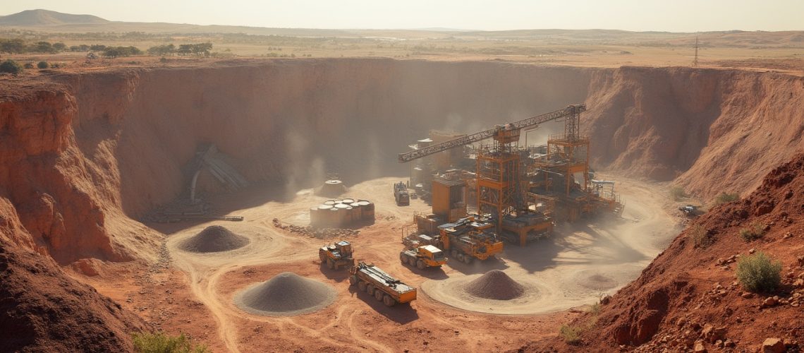 Mining operation in a large quarry with machinery and piles of gravel under a bright sky.