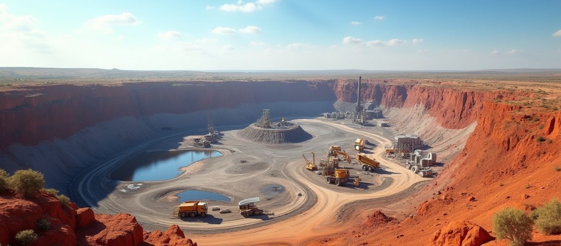 Open-pit mine in a red desert, with machinery and a clear blue sky.