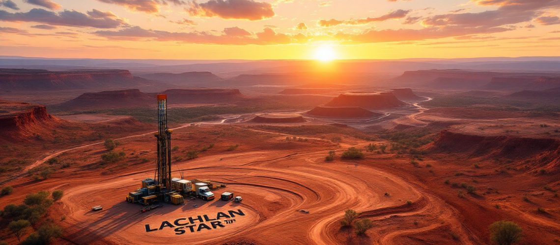 Lachlan Star Ltd-LSA-Desert landscape at sunset with an oil rig and "Lachlan Star" written in the foreground.