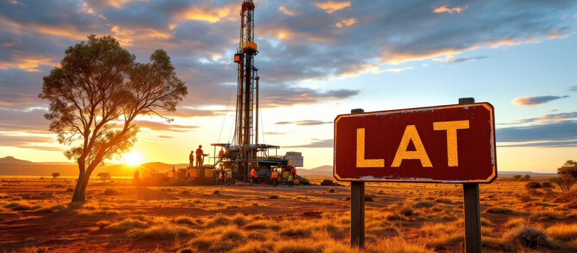 Latitude 66 Ltd-LAT-Oil rig at sunrise in a desert landscape with a tree and a sign reading "LAT" in the foreground.