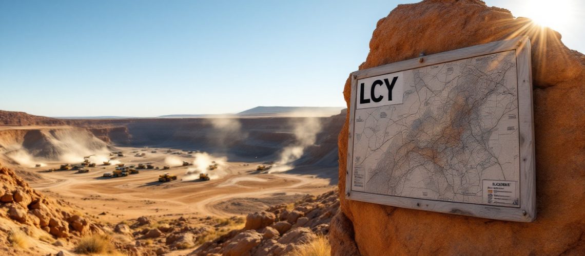 Legacy Iron Ore Ltd-LCY-Map labeled "LCY" on a rock overlooks a dusty construction site with machinery under a bright sun.