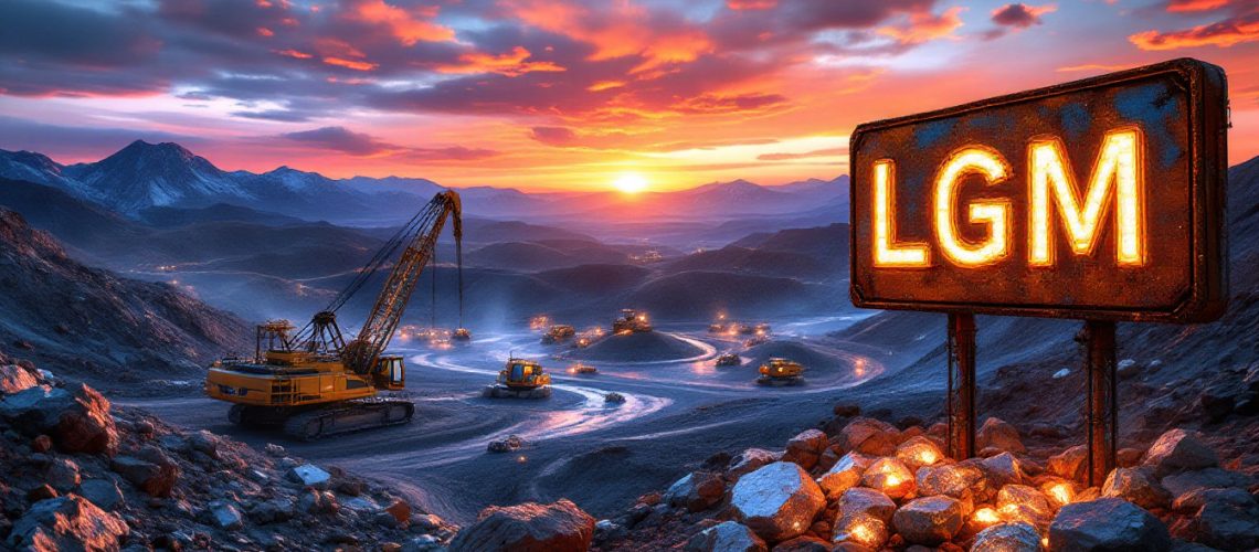 Legacy Minerals Holdings Ltd-LGM-Mountainous mining site at sunset with machinery and an illuminated "LGM" sign.