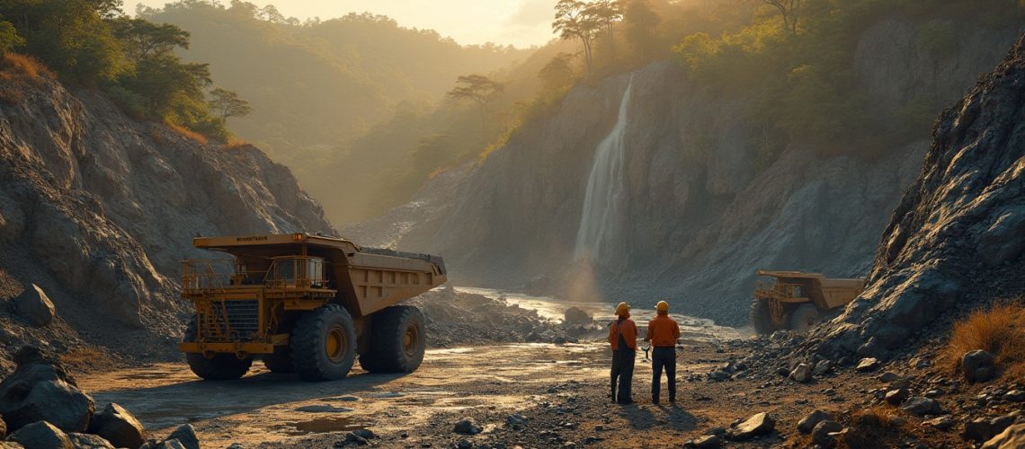 Two workers near large trucks in a quarry with a waterfall and lush trees under soft sunlight.