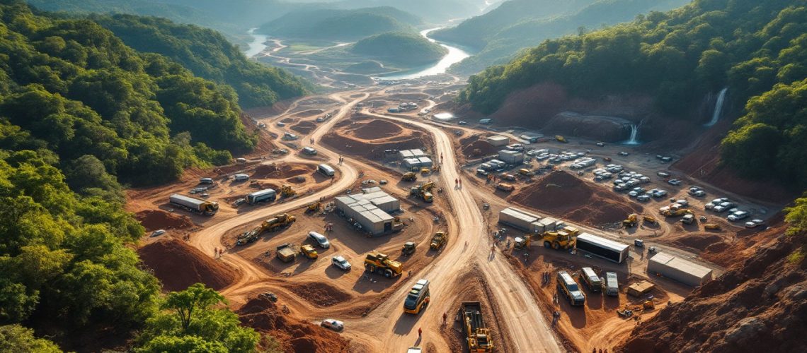 Lightning Minerals Ltd-L1M-Aerial view of a large open construction site surrounded by lush green hills and a winding river.