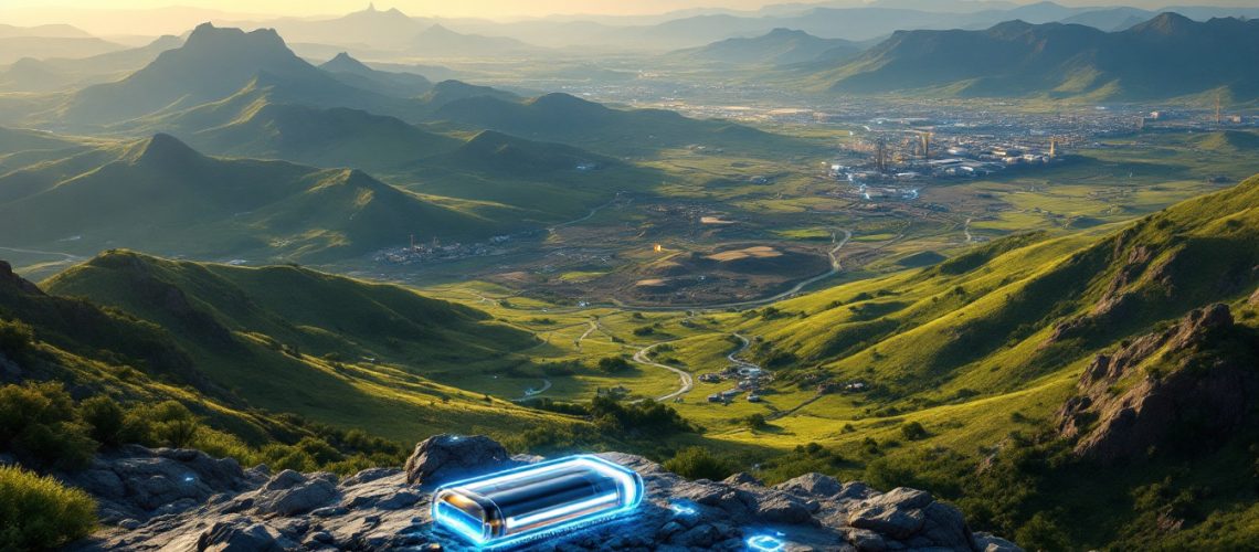 Lightning Minerals Ltd-L1M-Futuristic battery on rocky hilltop overlooking a vast green valley at sunset.