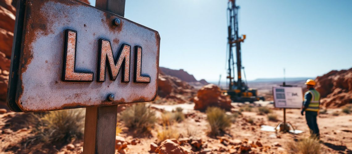 Lincoln Minerals Ltd-LML-Rusty "LML" sign in desert with worker and drill rig in background.